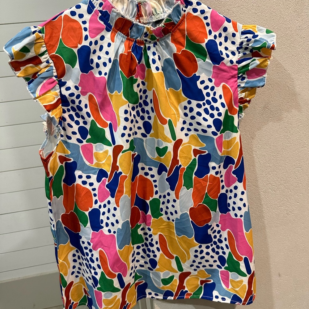 Colorful Abstract Ruffle Sleeve Top